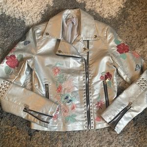 Glamorous Silver Faux Leather Moto Jacket Embroidered Flower Butterflies Studded